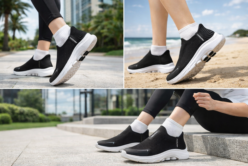 Black Slip On Walking Shoes Breathable Mesh Upper Lightweight Comfort Flexible Outsole Casual Athletic Trainers For Women