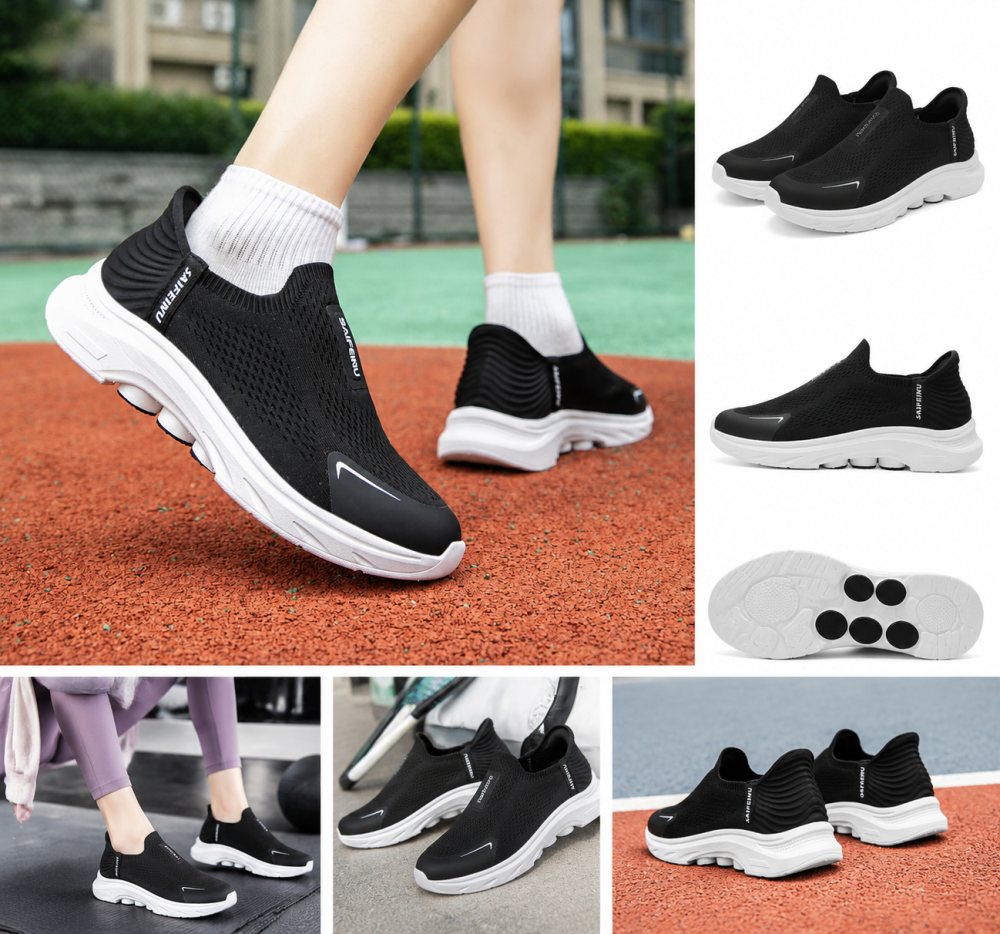 Black Slip On Walking Shoes Breathable Mesh Upper Lightweight Comfort Flexible Outsole Casual Athletic Trainers For Women
