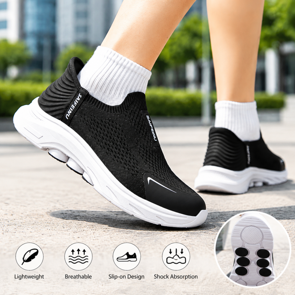 Black Slip On Walking Shoes Breathable Mesh Upper Lightweight Comfort Flexible Outsole Casual Athletic Trainers For Women