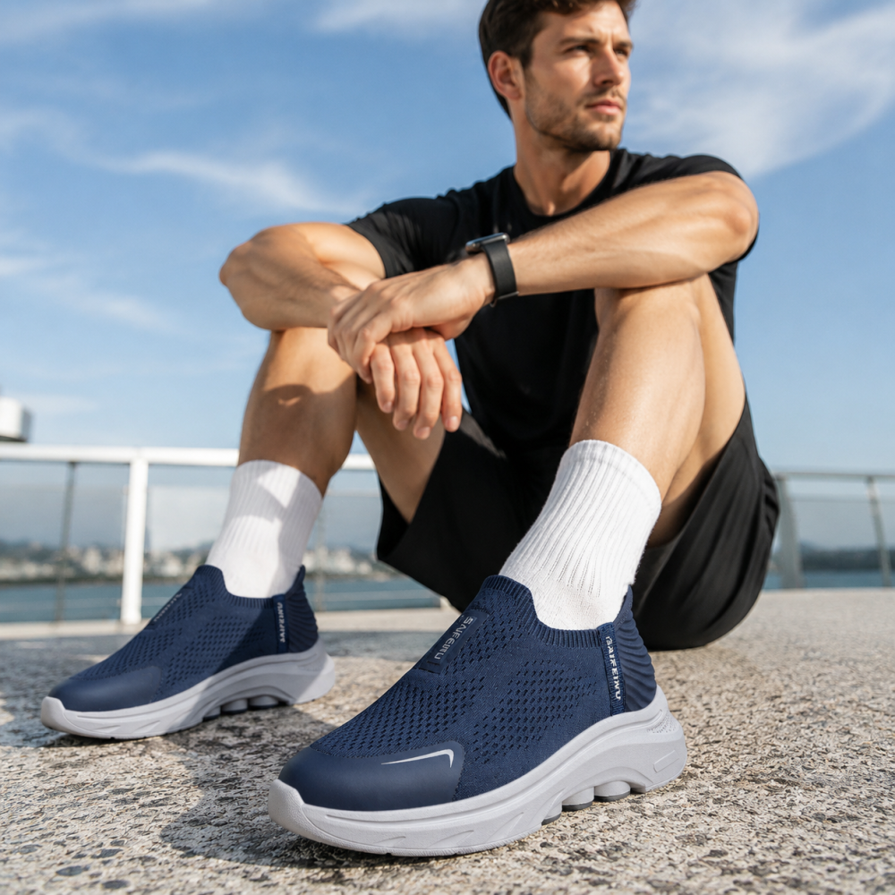 Navy Blue Men’s Slip On Walking Shoes Lightweight Breathable Mesh Non-Slip Flexible Supportive Casual Athletic Trainers