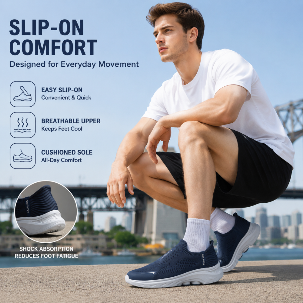 Navy Blue Men’s Slip On Walking Shoes Lightweight Breathable Mesh Non-Slip Flexible Supportive Casual Athletic Trainers
