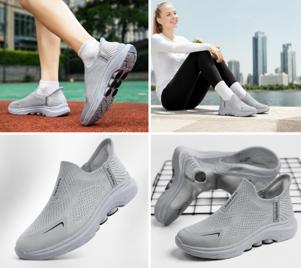 Men’s Light Grey Slip On Casual Trainers Lightweight Breathable Knit Mesh Flexible Bendable Non-Slip Walking Sneakers with Cushioned Support