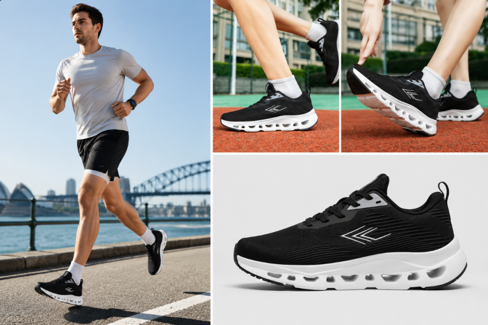 Black & Navy Blue Men’s Running Shoes Breathable Mesh Ultra Lightweight Cushion Hollow Out Sole Sports Trainers For Outdoor Walking Jogging