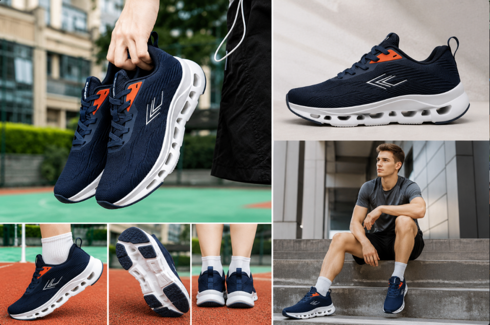 Black & Navy Blue Men’s Running Shoes Breathable Mesh Ultra Lightweight Cushion Hollow Out Sole Sports Trainers For Outdoor Walking Jogging