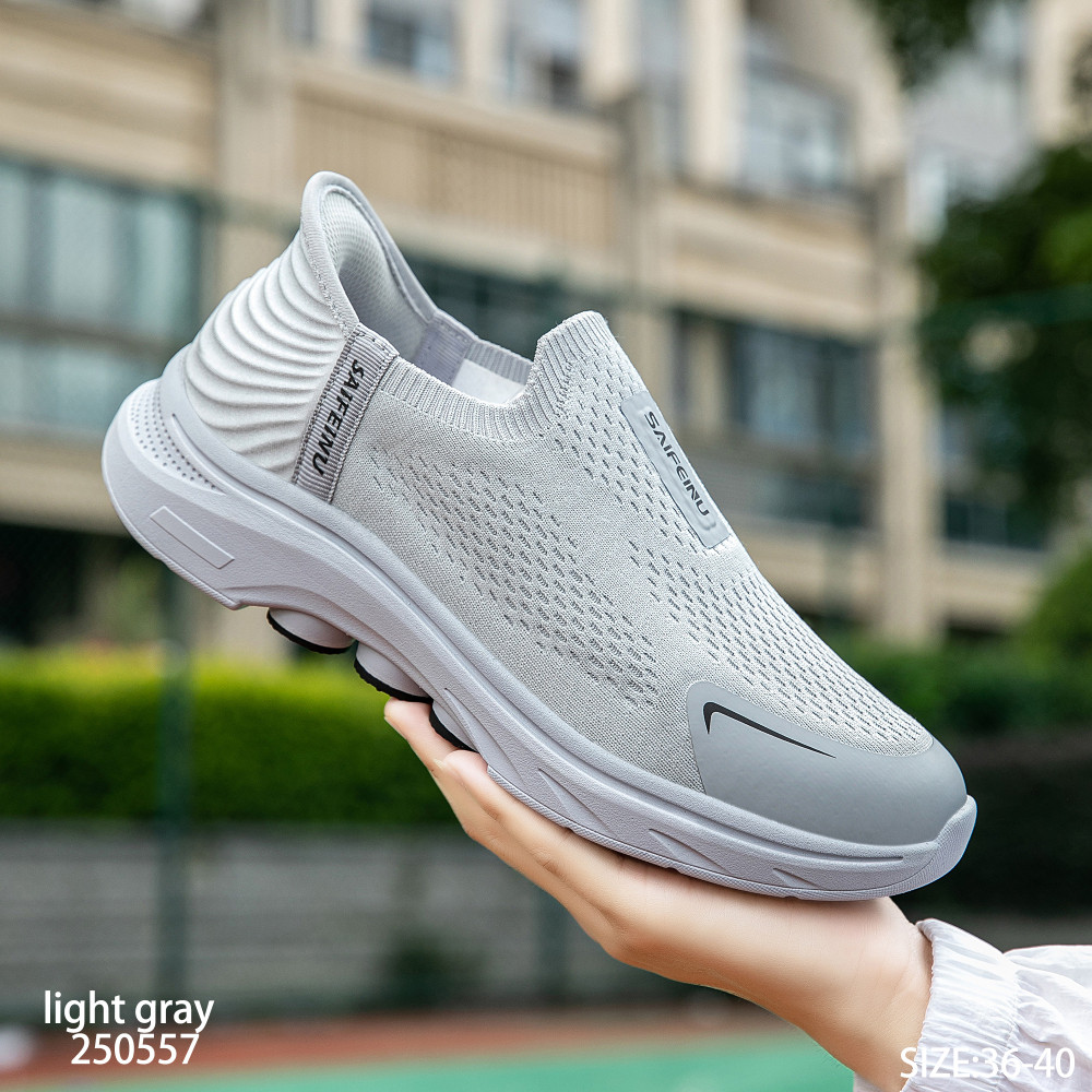 Men’s Light Grey Slip On Casual Trainers Lightweight Breathable Knit Mesh Flexible Bendable Non-Slip Walking Sneakers with Cushioned Support