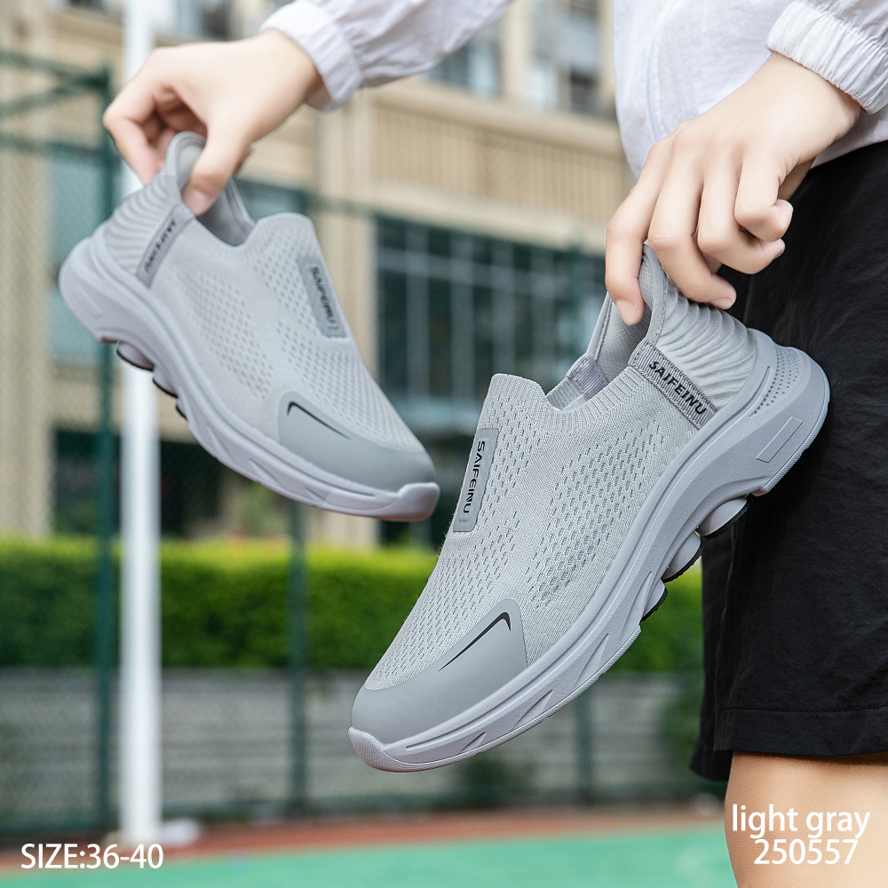 Men’s Light Grey Slip On Casual Trainers Lightweight Breathable Knit Mesh Flexible Bendable Non-Slip Walking Sneakers with Cushioned Support