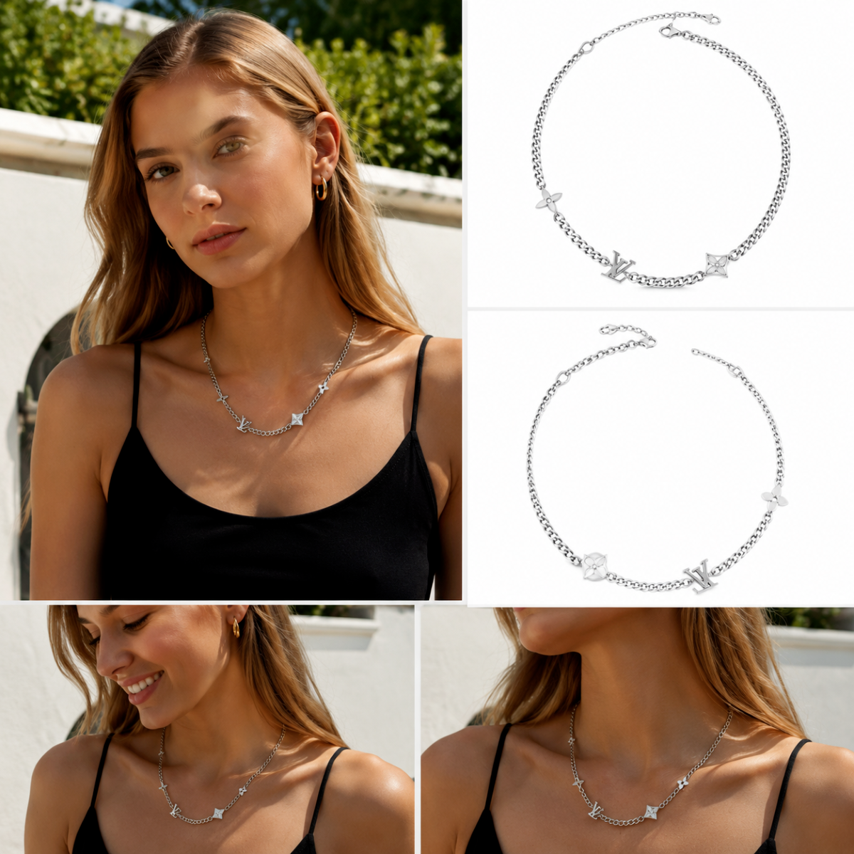Vintage Clover Station Silver Choker Necklace, S925 Silver Plated Layerable Everyday Statement Necklace for Women