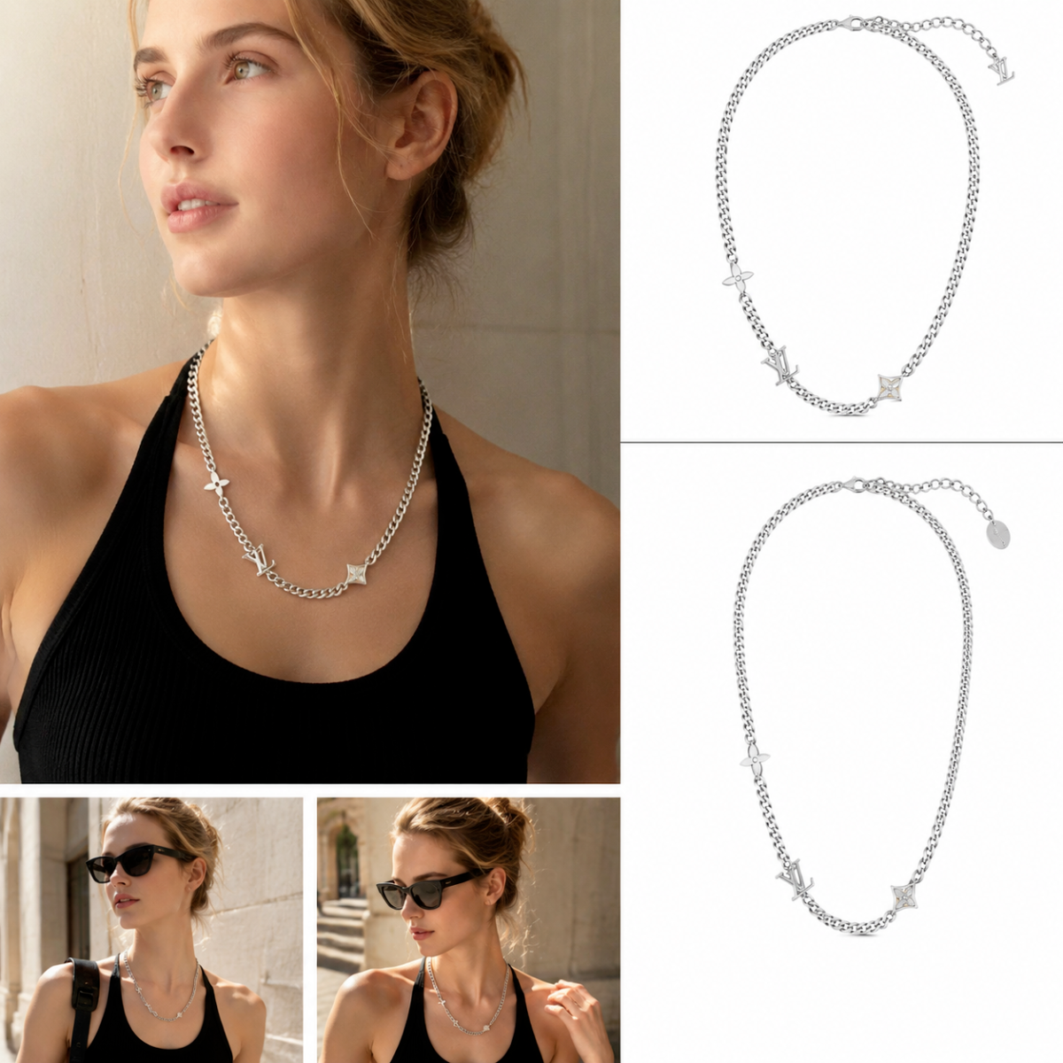 Vintage Clover Station Silver Choker Necklace, S925 Silver Plated Layerable Everyday Statement Necklace for Women