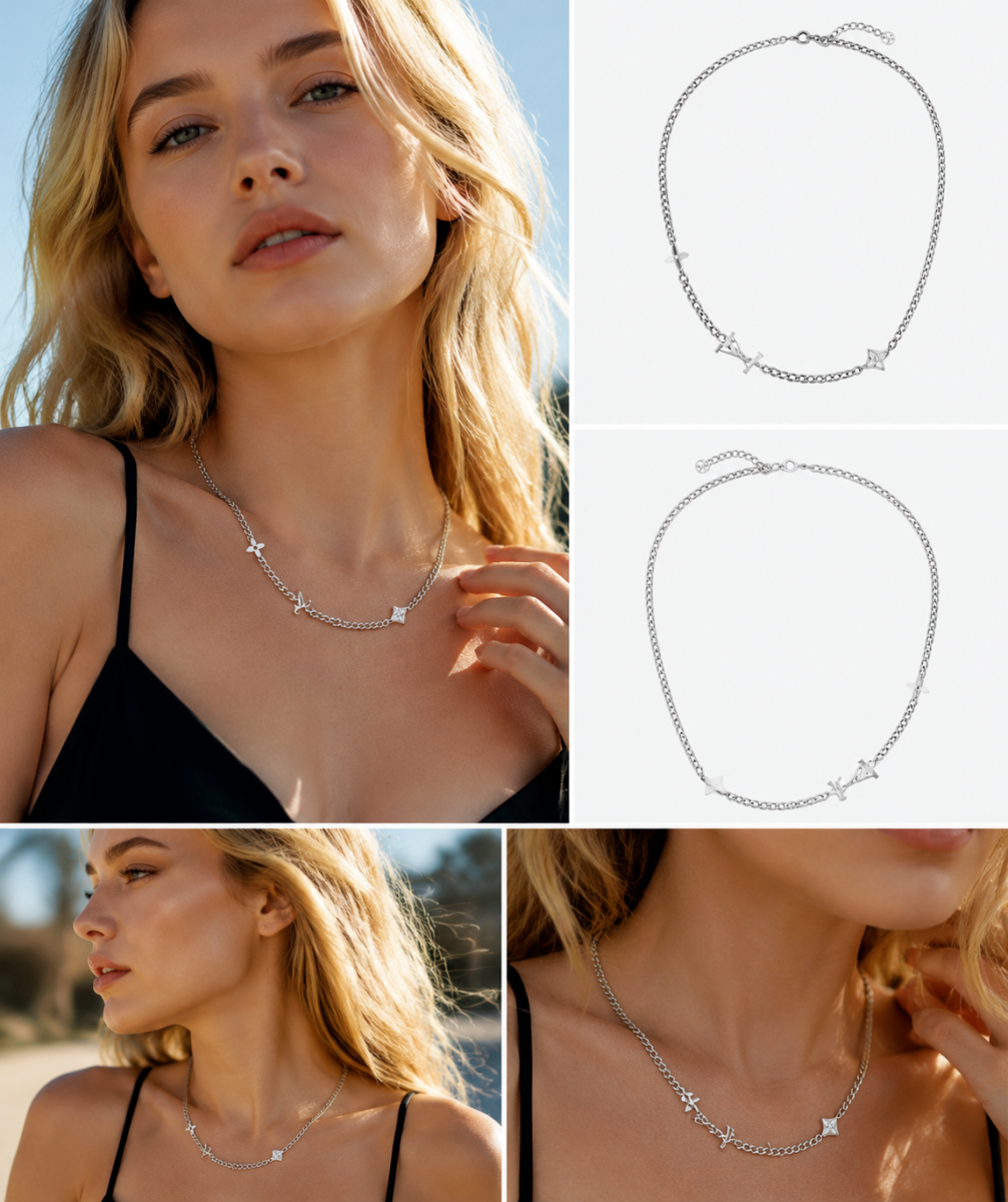 Vintage Clover Station Silver Choker Necklace, S925 Silver Plated Layerable Everyday Statement Necklace for Women
