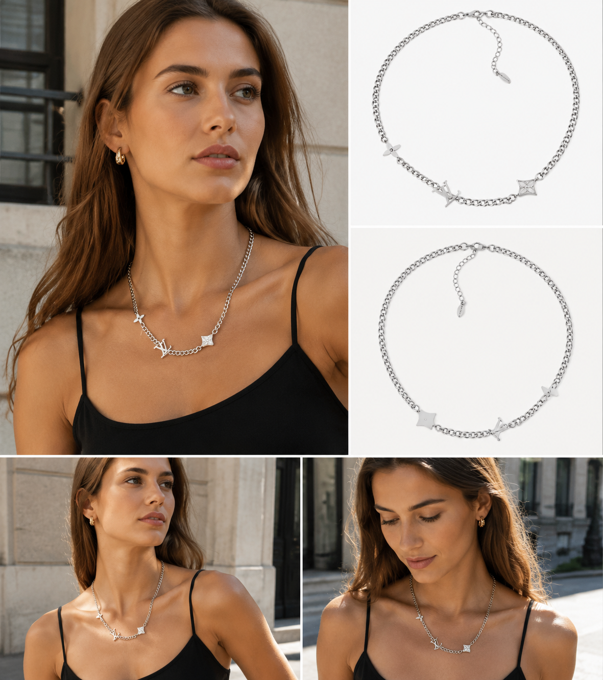 Vintage Clover Station Silver Choker Necklace, S925 Silver Plated Layerable Everyday Statement Necklace for Women