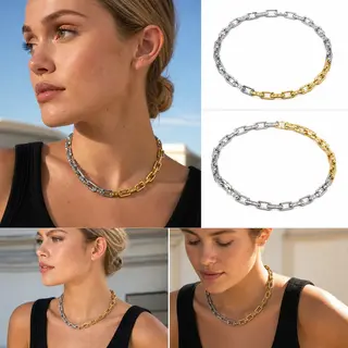 Two‑Tone Mixed Gold Silver Paperclip Chain Choker Necklace, Bold Stackable Statement Chain Necklace for Women