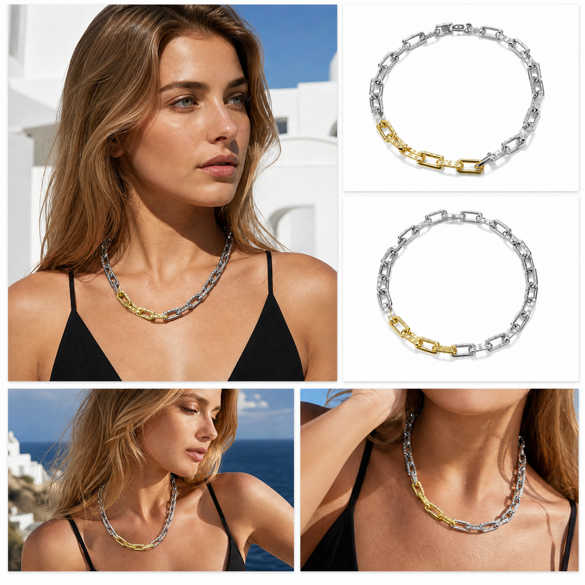 Two‑Tone Mixed Gold Silver Paperclip Chain Choker Necklace, Bold Stackable Statement Chain Necklace for Women
