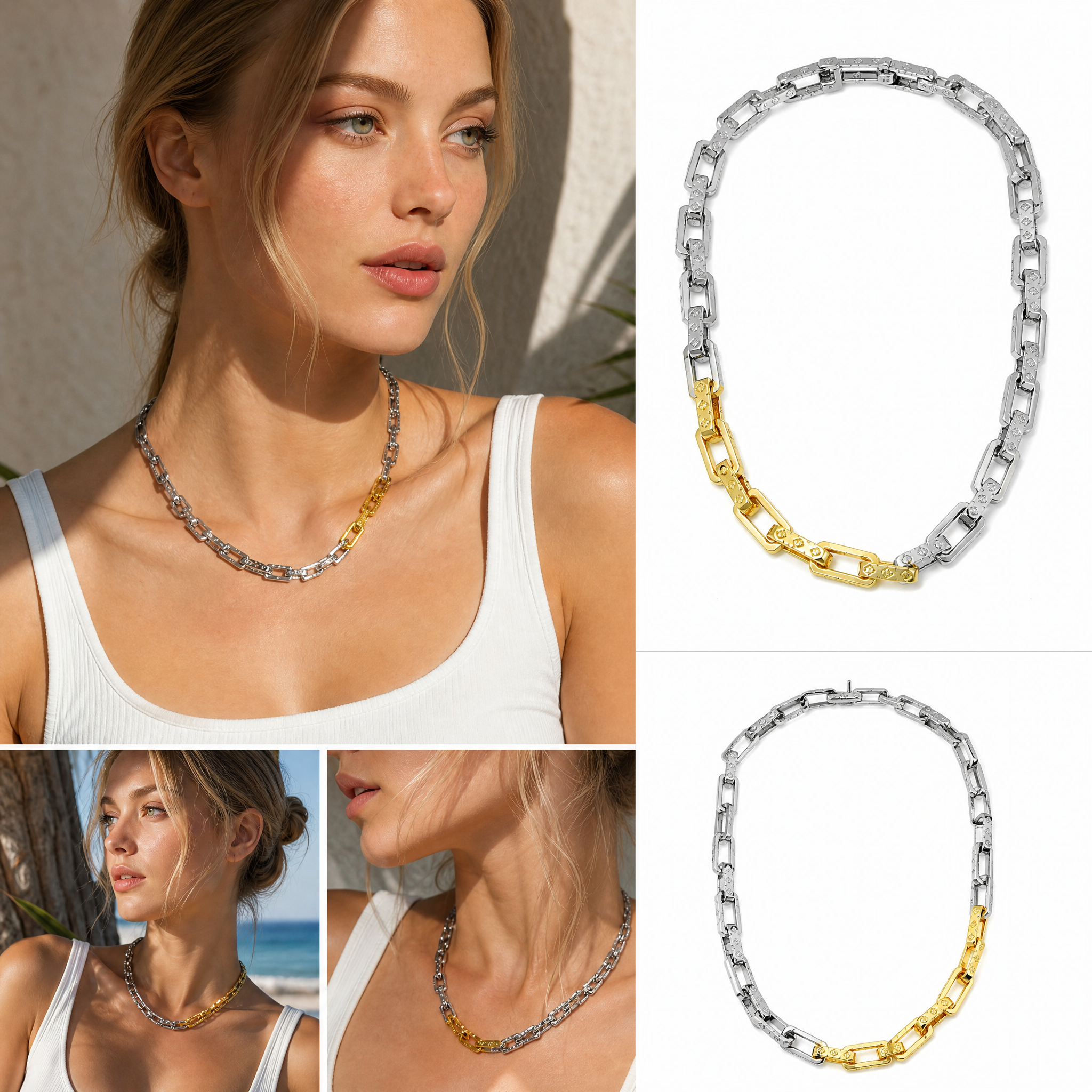 Two‑Tone Mixed Gold Silver Paperclip Chain Choker Necklace, Bold Stackable Statement Chain Necklace for Women