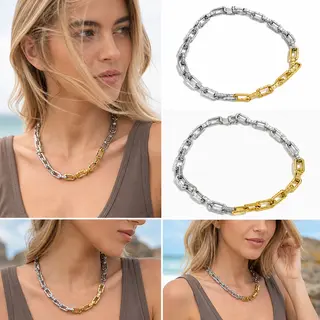 Two‑Tone Mixed Gold Silver Paperclip Chain Choker Necklace, Bold Stackable Statement Chain Necklace for Women
