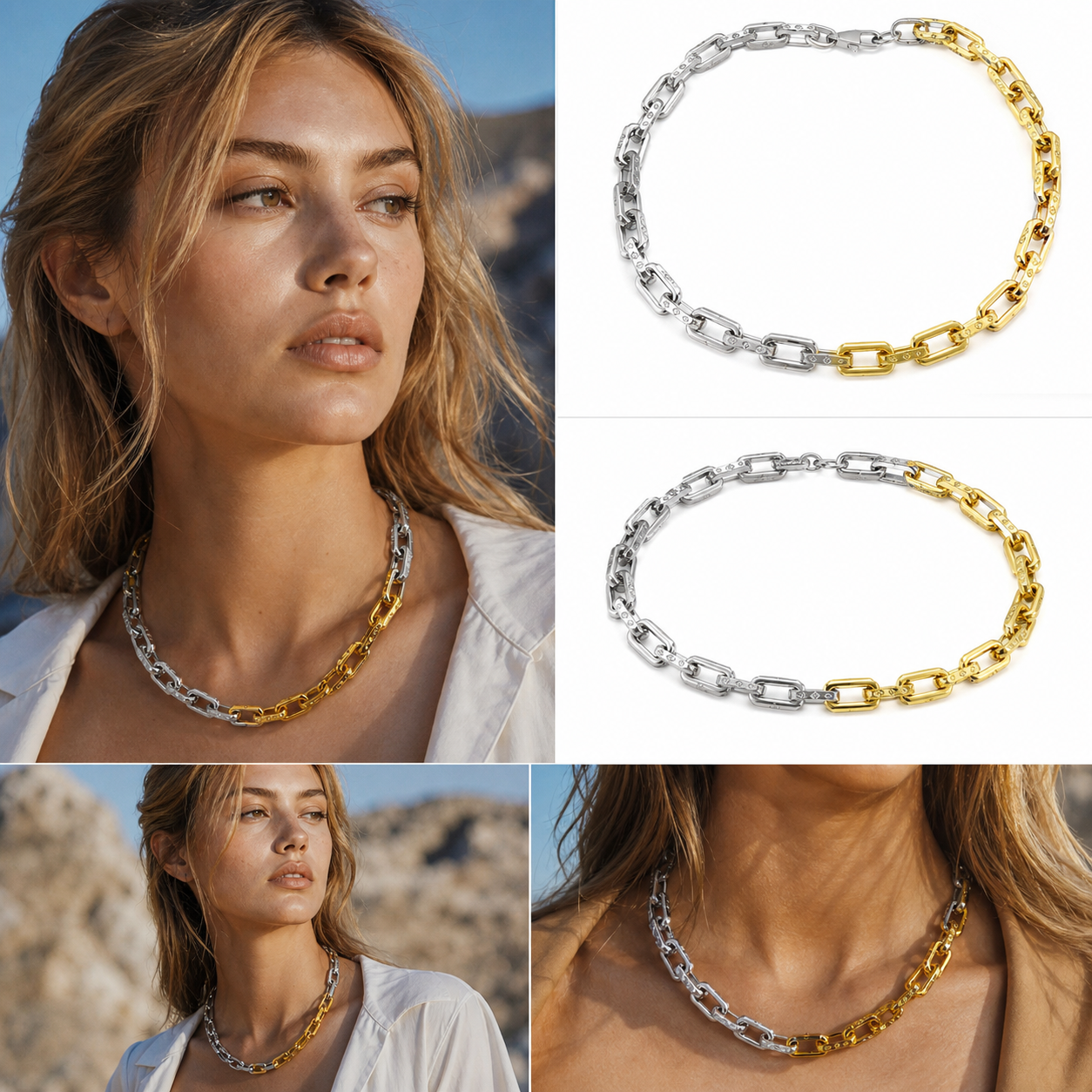 Two‑Tone Mixed Gold Silver Paperclip Chain Choker Necklace, Bold Stackable Statement Chain Necklace for Women