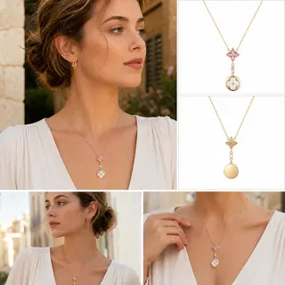 Vintage Four‑Pointed Star Drop Pendant Necklace, Gold Tone Two‑Way Reversible Shell Charm Necklace For Women