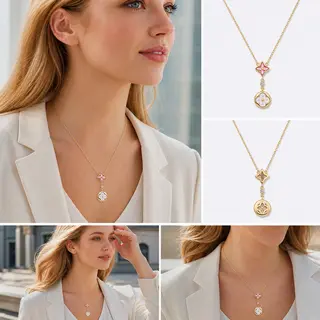Vintage Four‑Pointed Star Drop Pendant Necklace, Gold Tone Two‑Way Reversible Shell Charm Necklace For Women