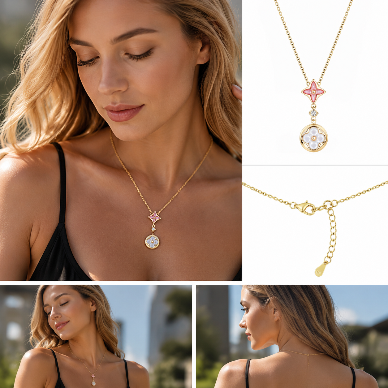 Vintage Four‑Pointed Star Drop Pendant Necklace, Gold Tone Two‑Way Reversible Shell Charm Necklace For Women