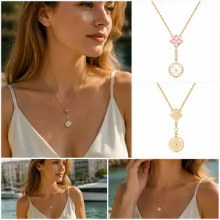 Vintage Four‑Pointed Star Drop Pendant Necklace, Gold Tone Two‑Way Reversible Shell Charm Necklace For Women