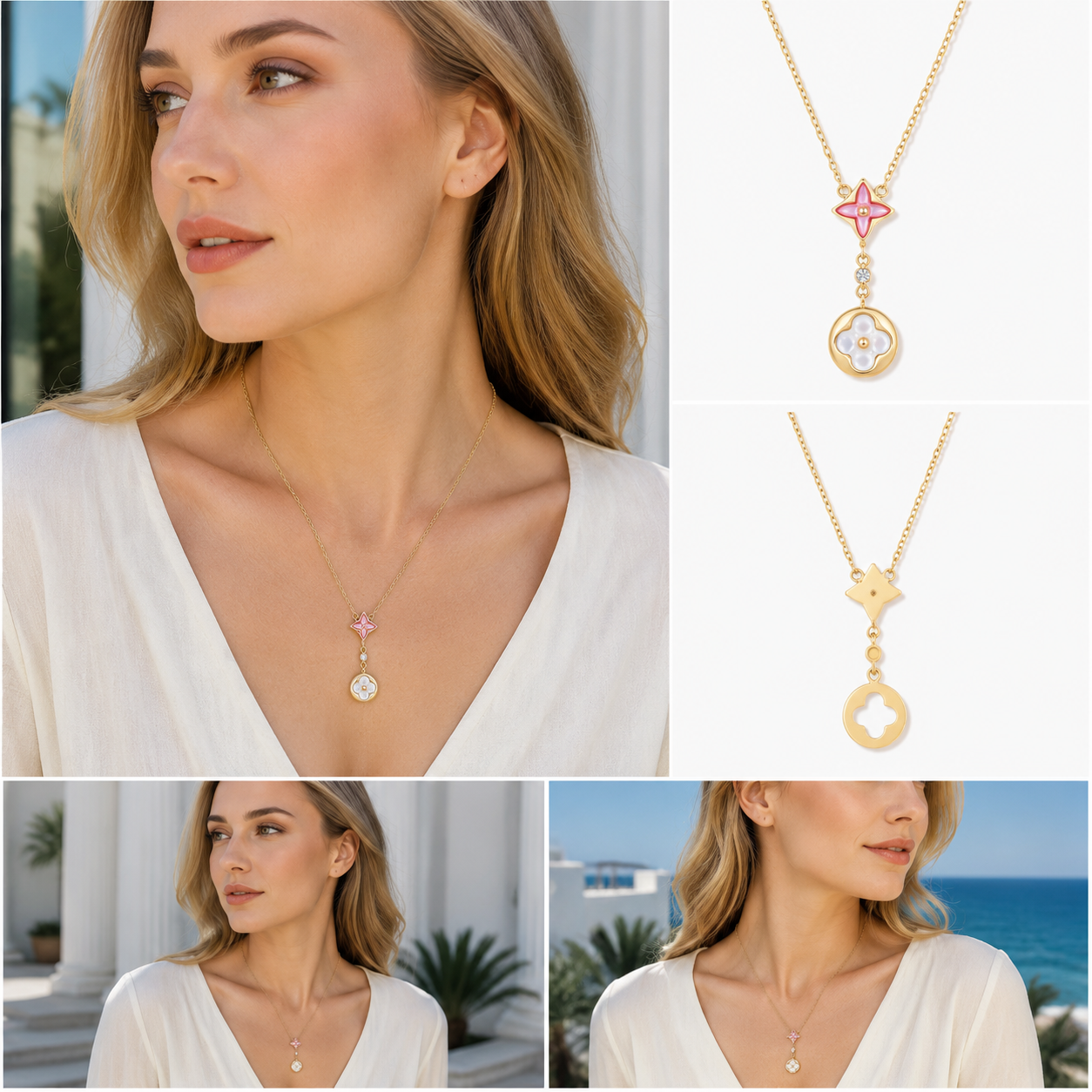 Vintage Four‑Pointed Star Drop Pendant Necklace, Gold Tone Two‑Way Reversible Shell Charm Necklace For Women