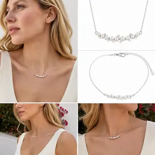 Dainty Pearl Crystal Curved Bar Choker Necklace, Silver‑Tone Minimalist Frontal Bar Necklace for Women