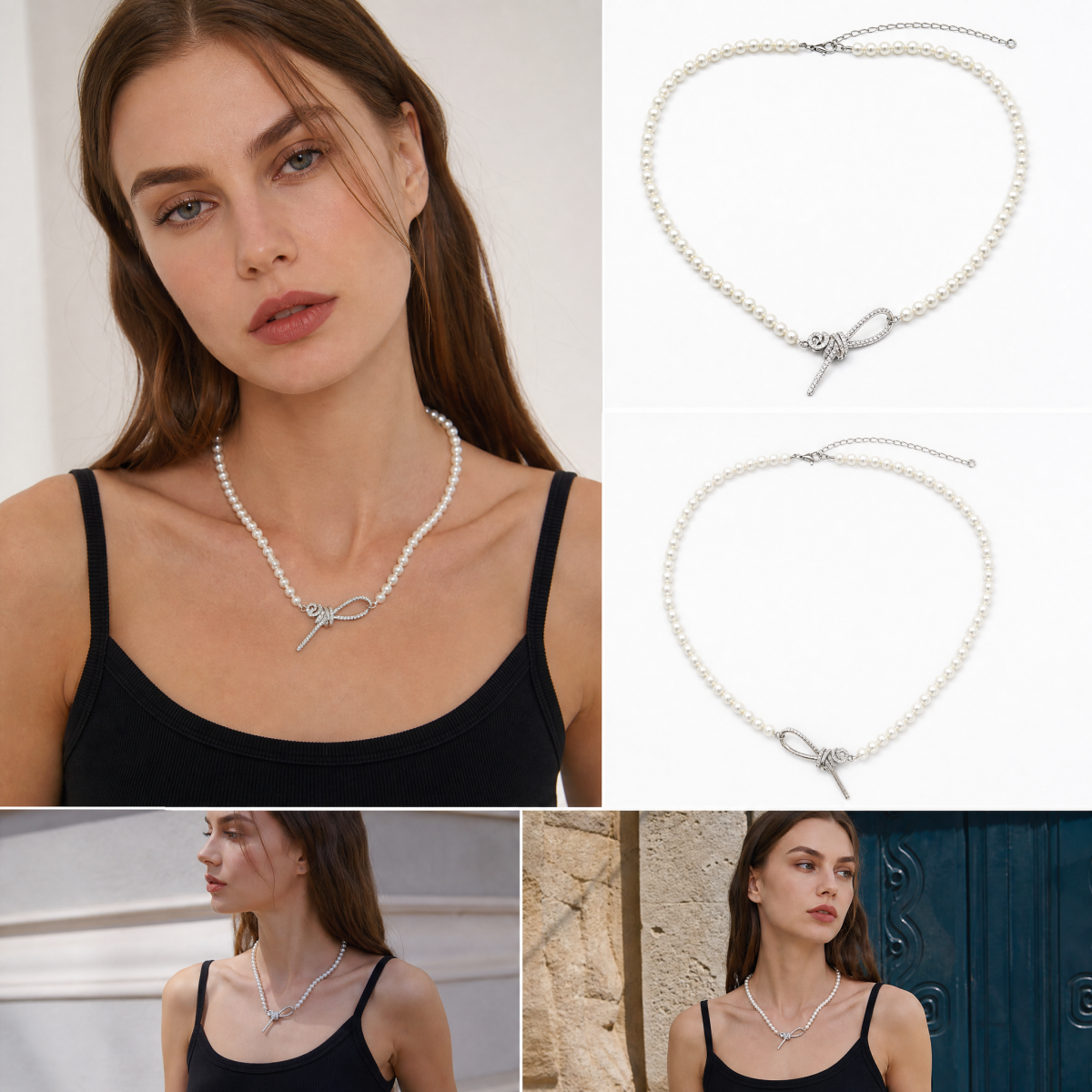 Pearl Beaded Choker Necklace, Silver‑Tone Paved Crystal Bow Knot Toggle Pendant Necklace for Women