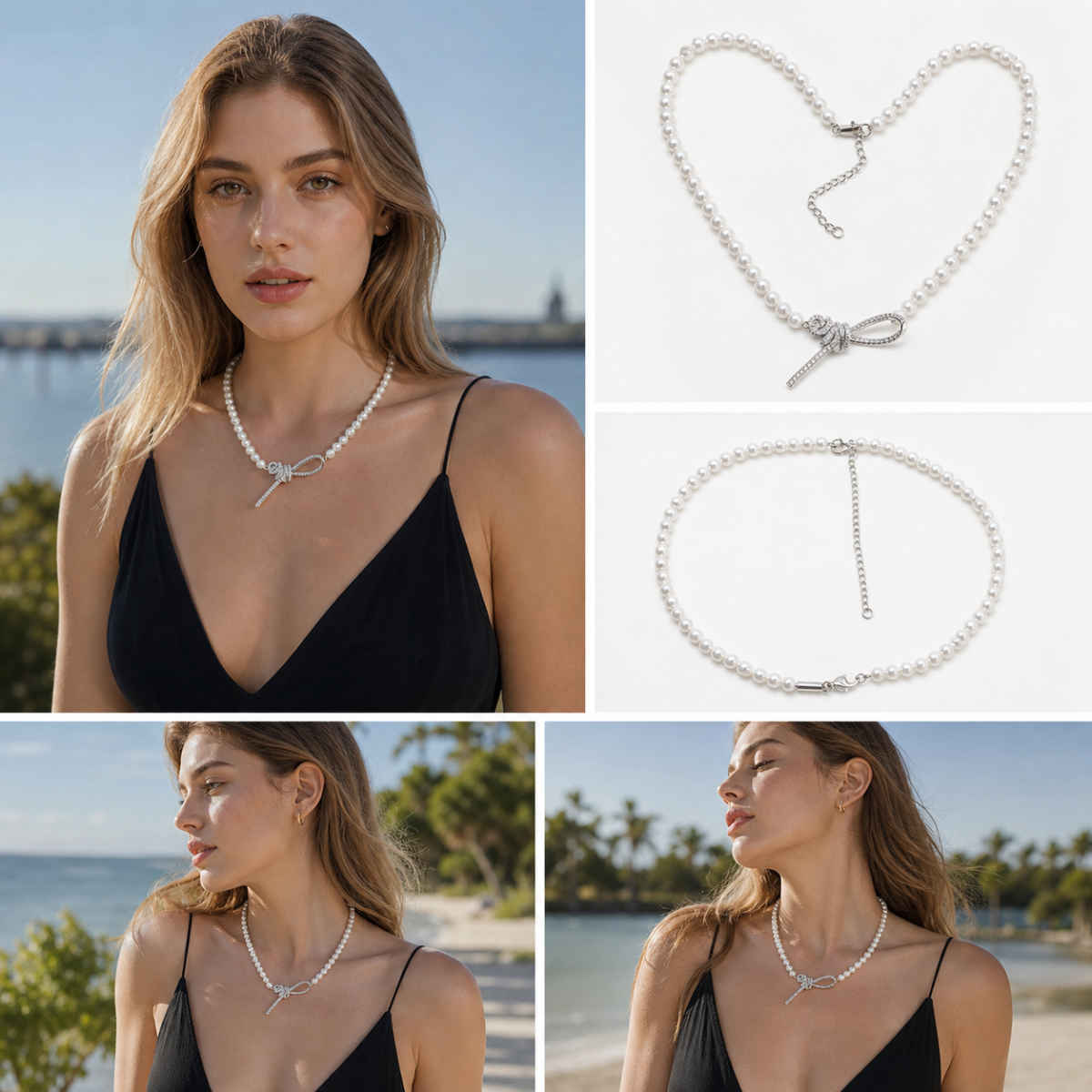 Pearl Beaded Choker Necklace, Silver‑Tone Paved Crystal Bow Knot Toggle Pendant Necklace for Women