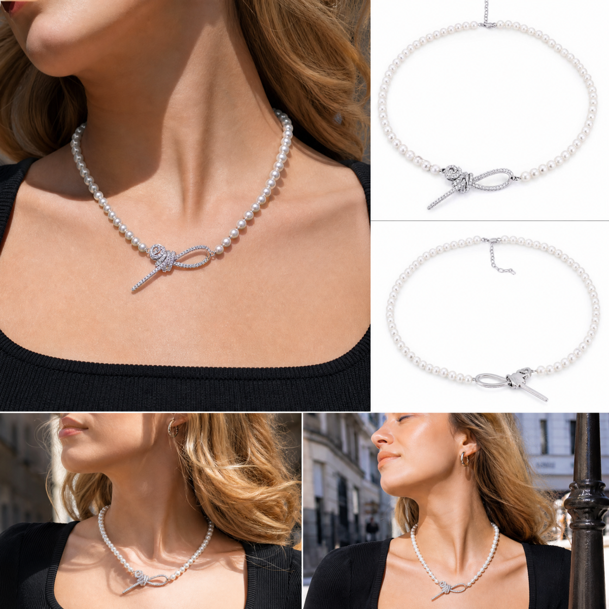Pearl Beaded Choker Necklace, Silver‑Tone Paved Crystal Bow Knot Toggle Pendant Necklace for Women