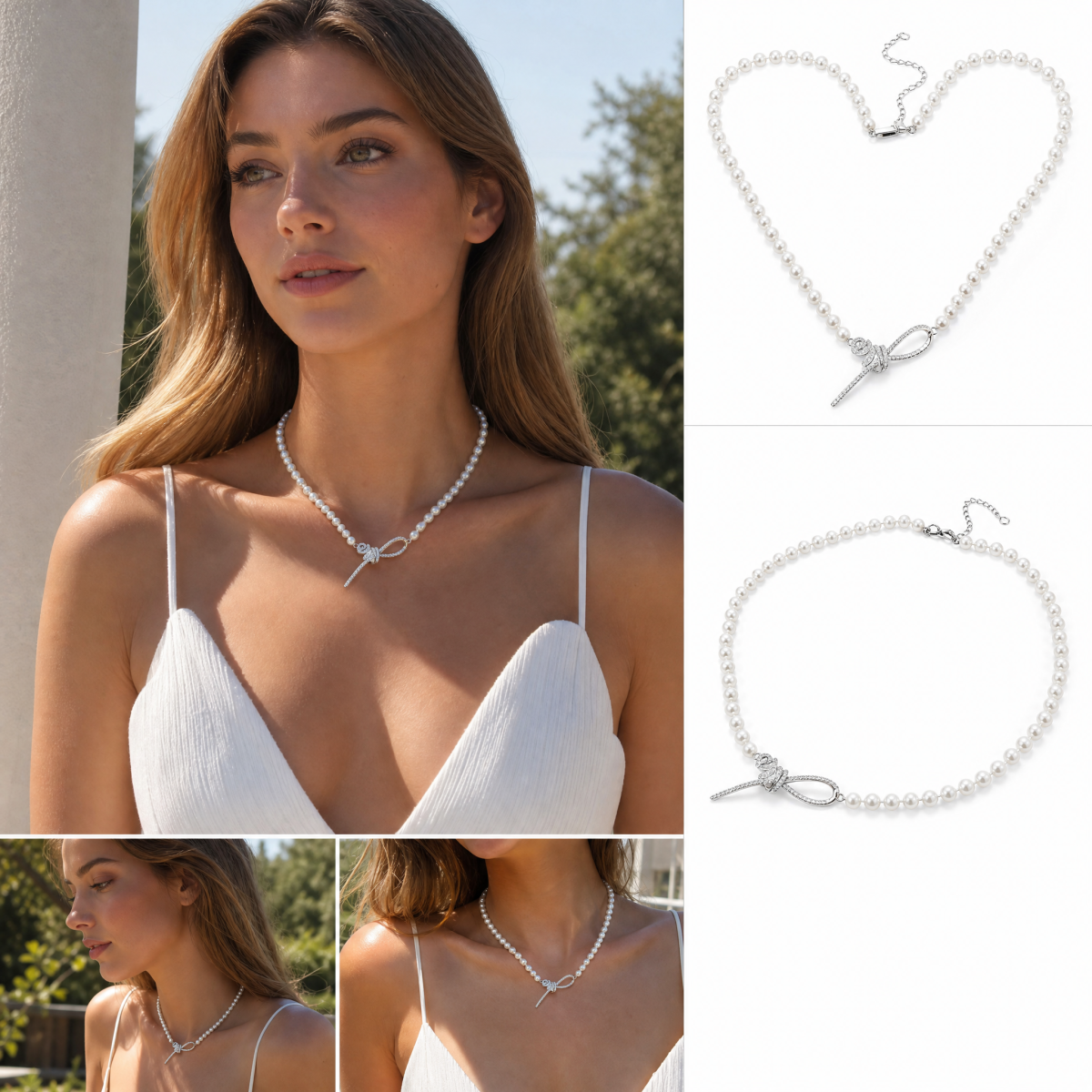 Pearl Beaded Choker Necklace, Silver‑Tone Paved Crystal Bow Knot Toggle Pendant Necklace for Women