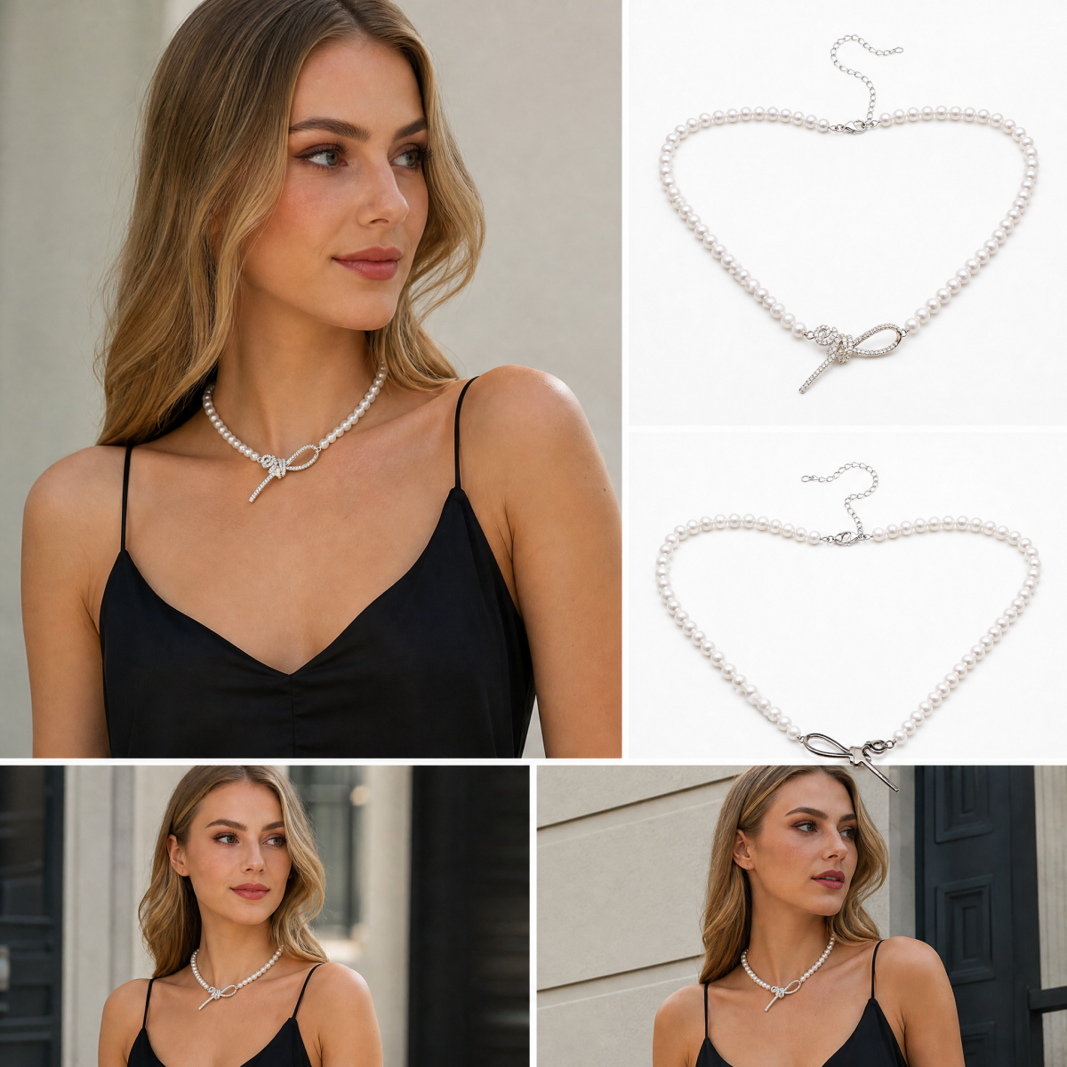 Pearl Beaded Choker Necklace, Silver‑Tone Paved Crystal Bow Knot Toggle Pendant Necklace for Women