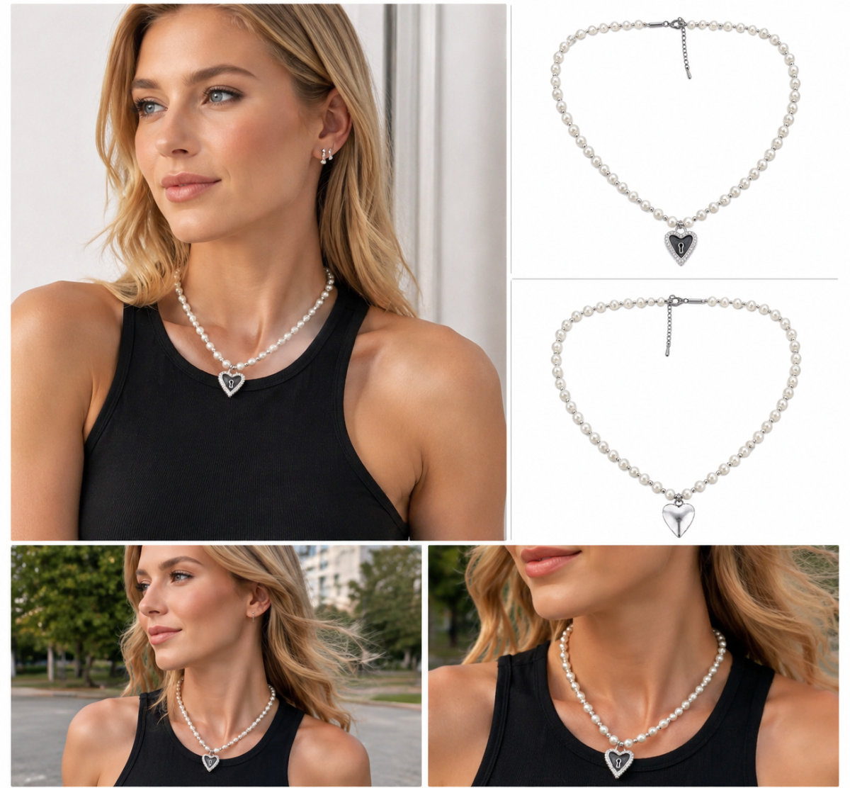 Pearl Beaded Choker Necklace, Silver‑Tone Reversible Heart Lock Pendant Statement Necklace for Women