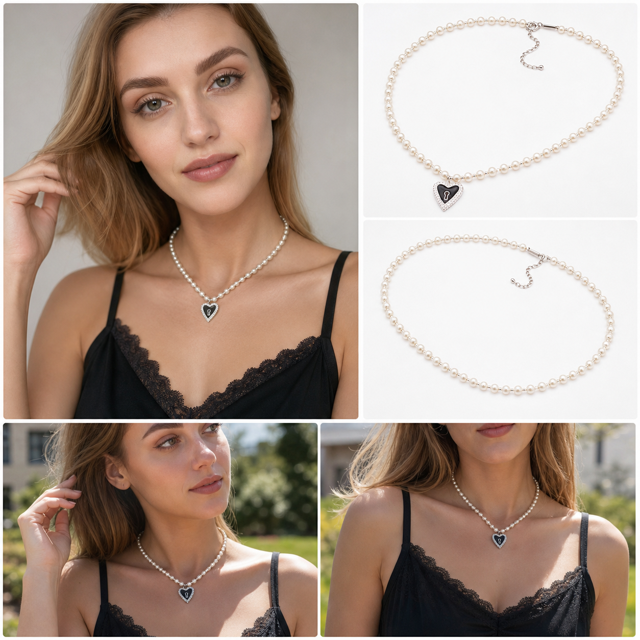 Pearl Beaded Choker Necklace, Silver‑Tone Reversible Heart Lock Pendant Statement Necklace for Women