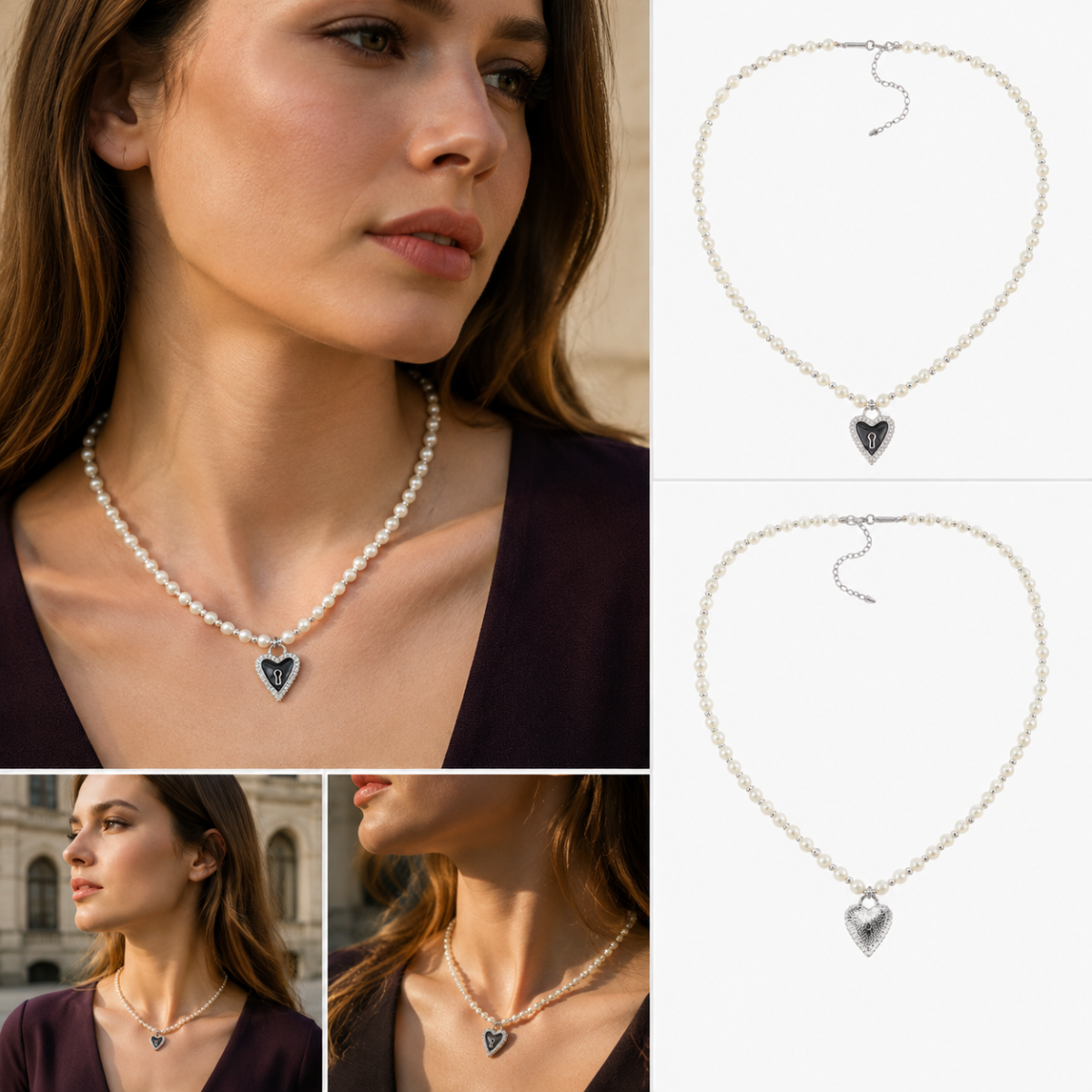 Pearl Beaded Choker Necklace, Silver‑Tone Reversible Heart Lock Pendant Statement Necklace for Women