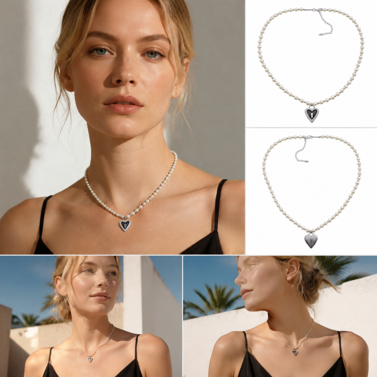 Pearl Beaded Choker Necklace, Silver‑Tone Reversible Heart Lock Pendant Statement Necklace for Women