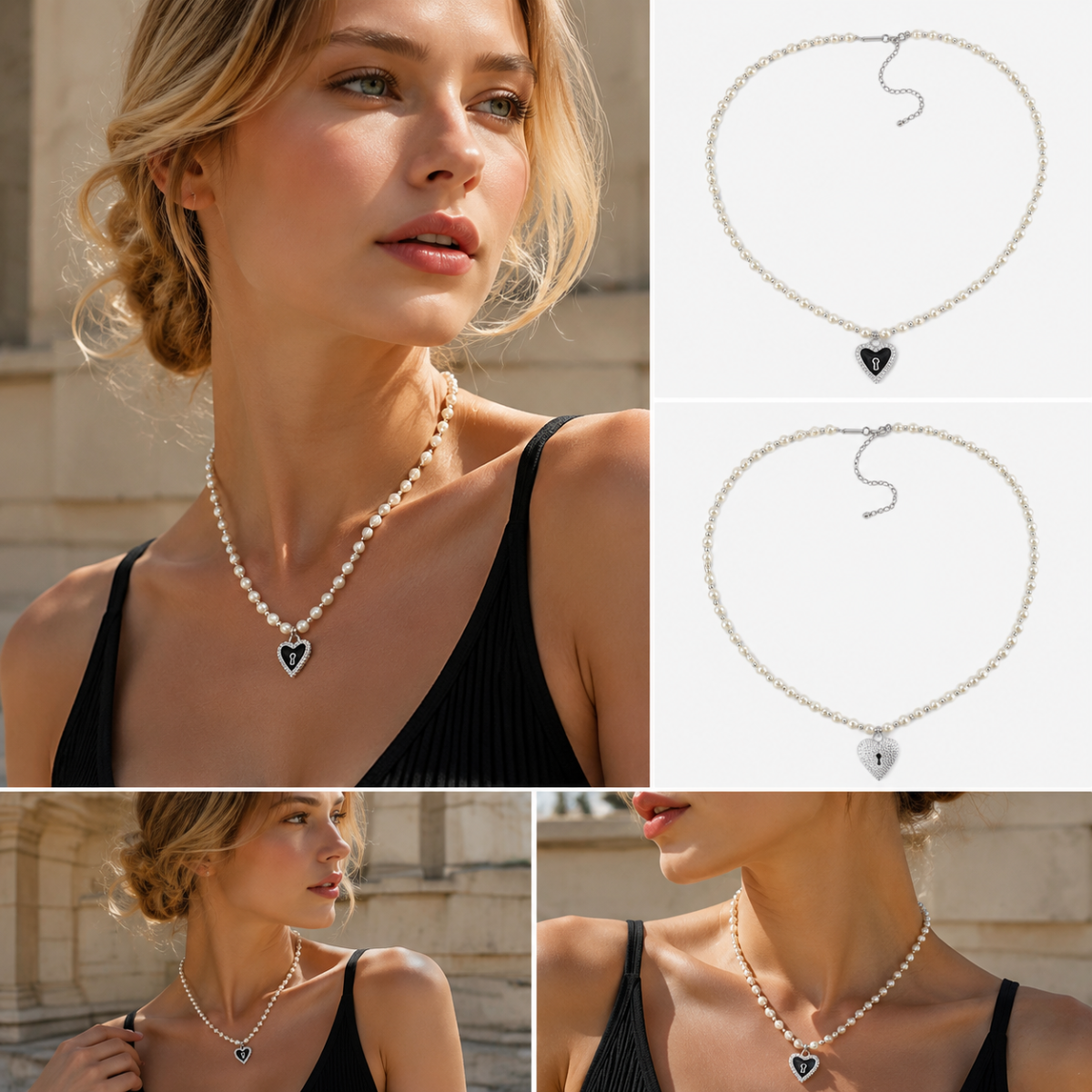 Pearl Beaded Choker Necklace, Silver‑Tone Reversible Heart Lock Pendant Statement Necklace for Women