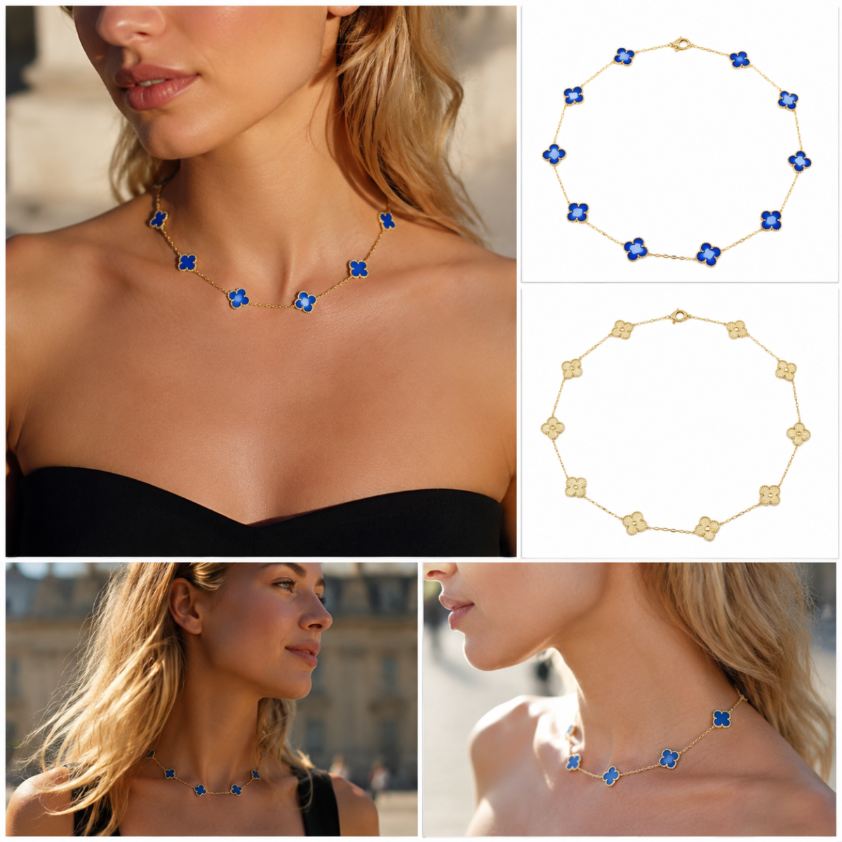 Gold‑Tone Multi‑Clover Station Choker Necklace, Reversible Enamel Four‑Leaf Flower Chain Necklace for Women