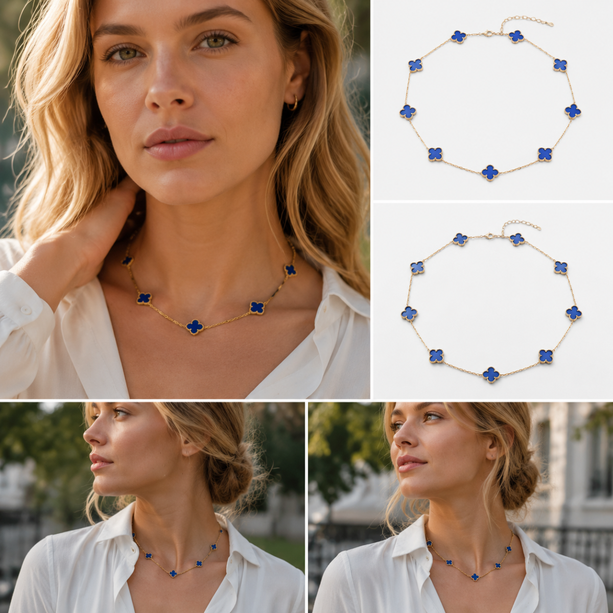 Gold‑Tone Multi‑Clover Station Choker Necklace, Reversible Enamel Four‑Leaf Flower Chain Necklace for Women