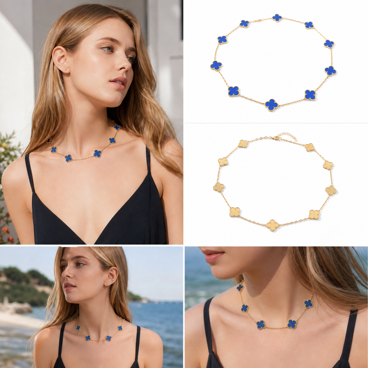 Gold‑Tone Multi‑Clover Station Choker Necklace, Reversible Enamel Four‑Leaf Flower Chain Necklace for Women