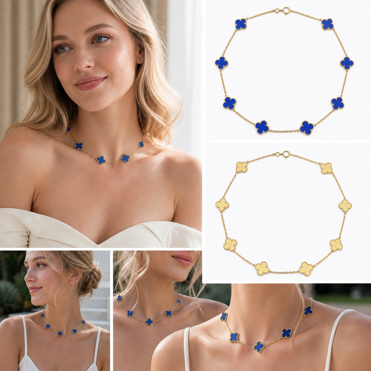 Gold‑Tone Multi‑Clover Station Choker Necklace, Reversible Enamel Four‑Leaf Flower Chain Necklace for Women