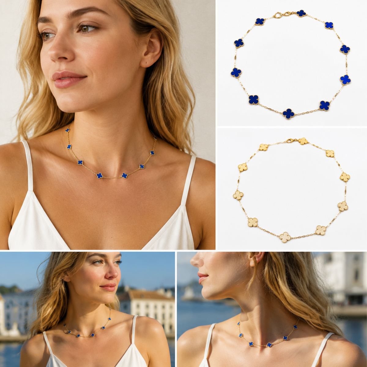 Gold‑Tone Multi‑Clover Station Choker Necklace, Reversible Enamel Four‑Leaf Flower Chain Necklace for Women