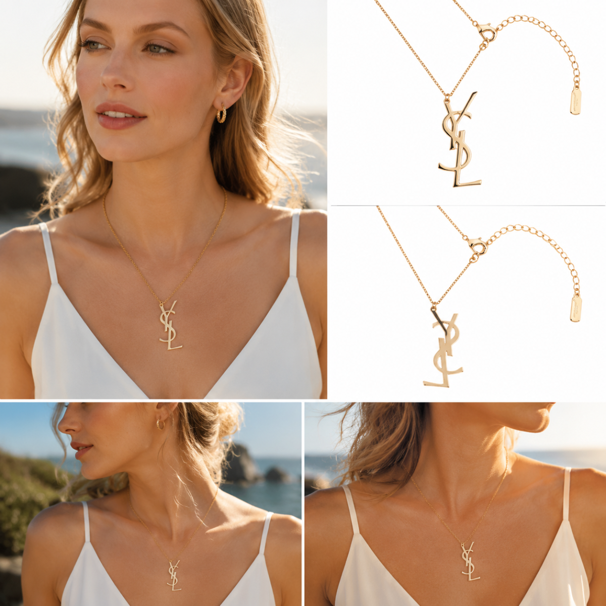 Polished Gold‑Tone Intertwined Script Initial Pendant Necklace, Dainty Thin Chain Minimalist Statement Necklace for Women