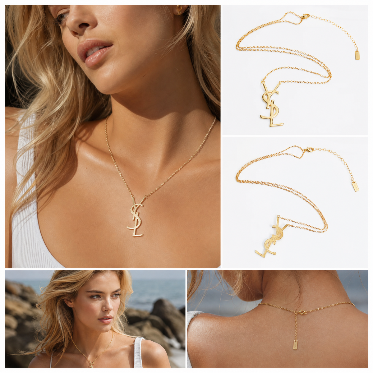 Polished Gold‑Tone Intertwined Script Initial Pendant Necklace, Dainty Thin Chain Minimalist Statement Necklace for Women
