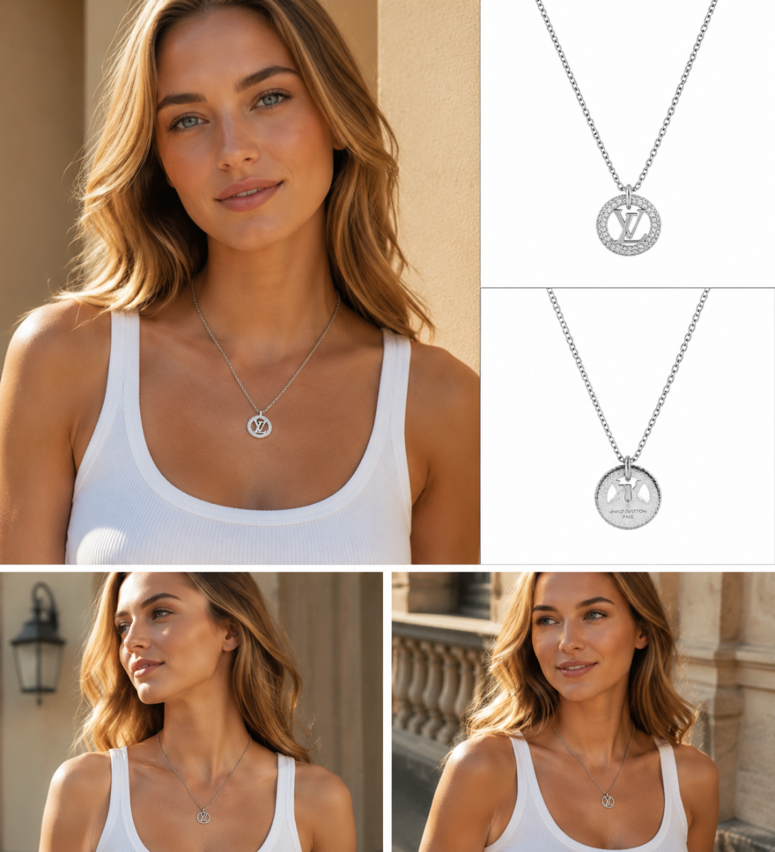 Silver‑Tone Reversible Circular Crystal Halo Pendant Necklace, Dainty Thin Cable Chain Minimalist Necklace for Women