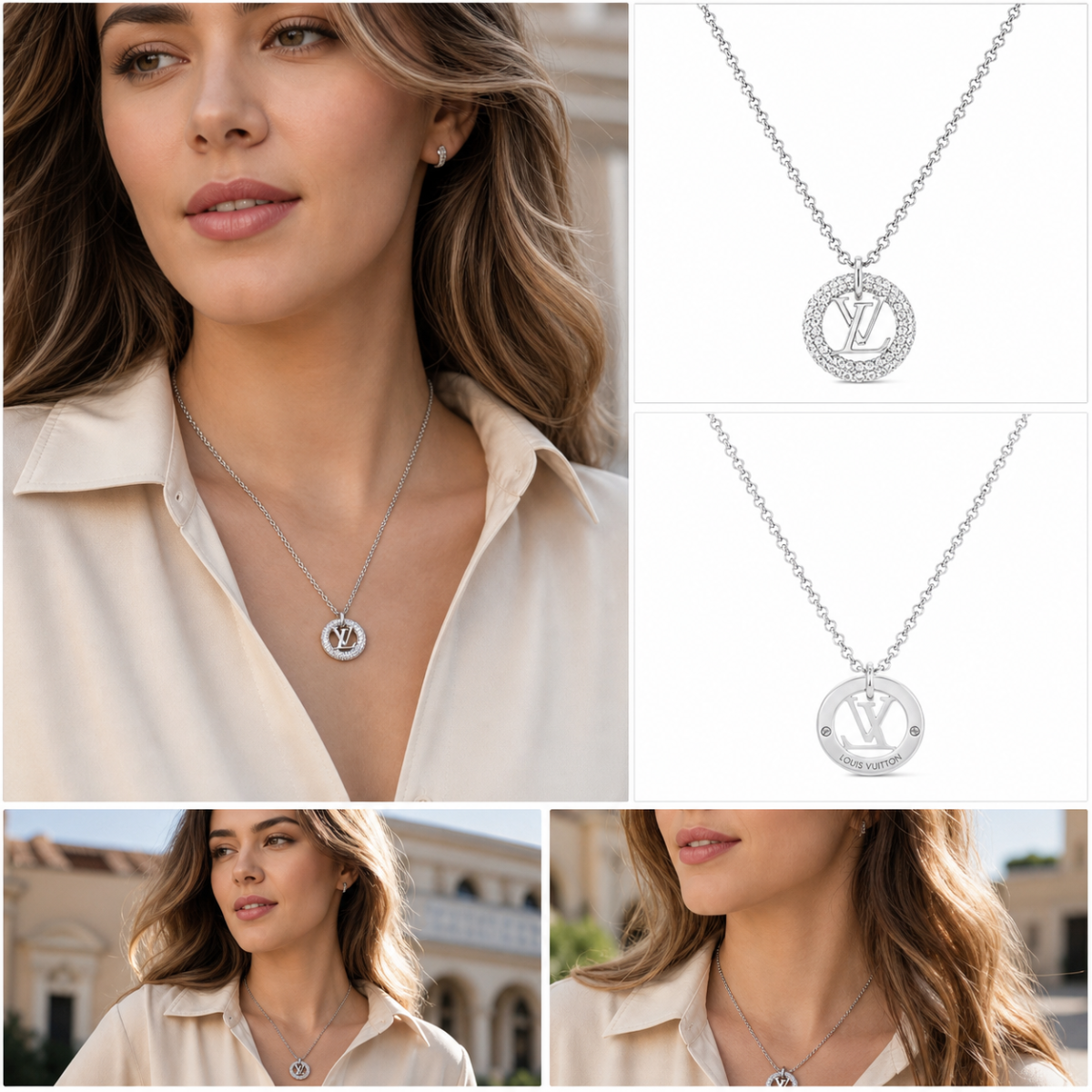 Silver‑Tone Reversible Circular Crystal Halo Pendant Necklace, Dainty Thin Cable Chain Minimalist Necklace for Women