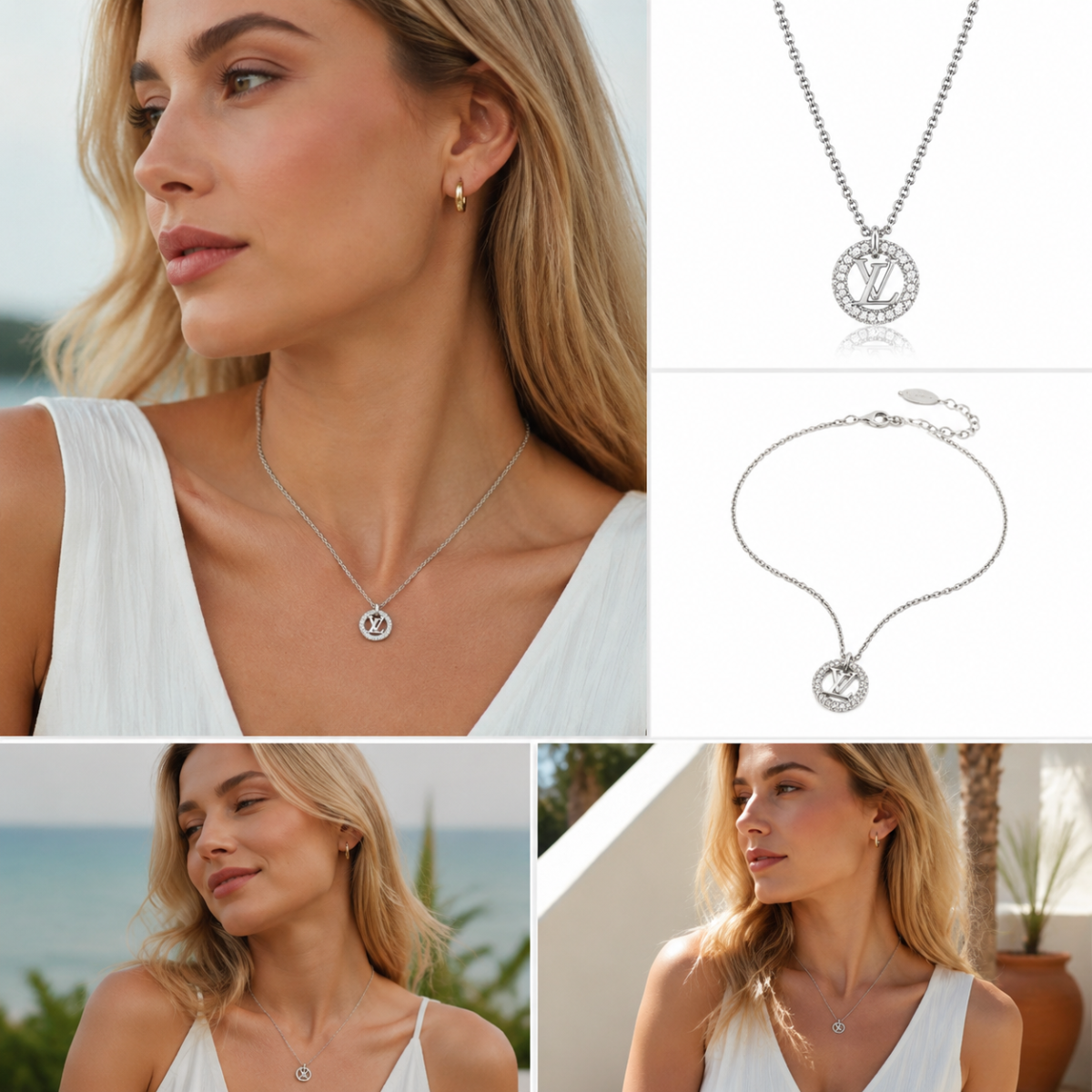 Silver‑Tone Reversible Circular Crystal Halo Pendant Necklace, Dainty Thin Cable Chain Minimalist Necklace for Women