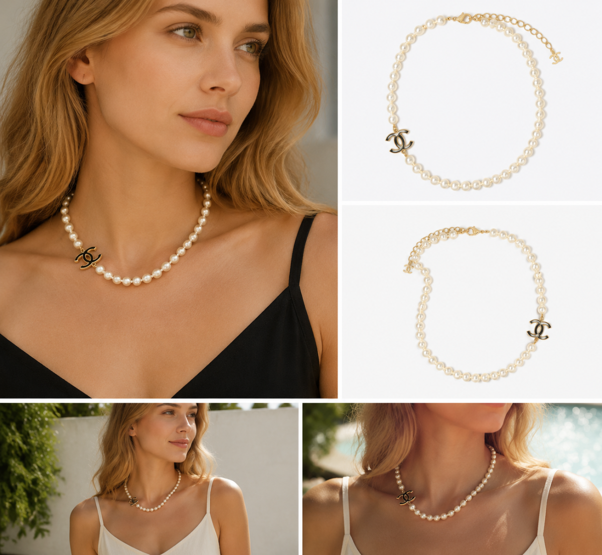 Gold‑Tone Pearl Choker Necklace, Interlocking Metal Ornament Accent Beaded Choker for Women