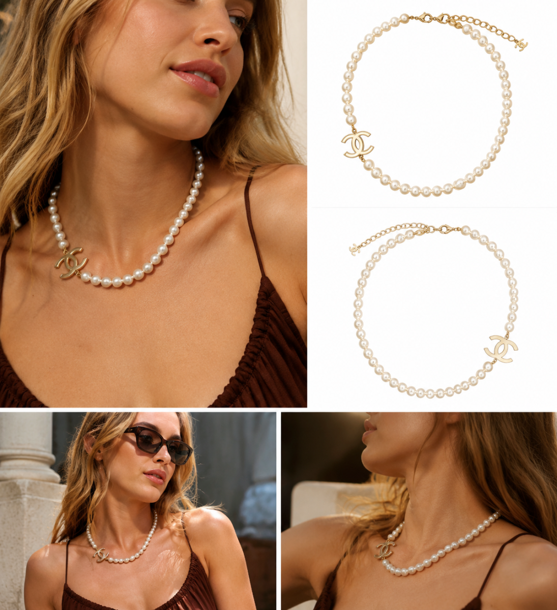Gold‑Tone Pearl Choker Necklace, Interlocking Metal Ornament Accent Beaded Choker for Women