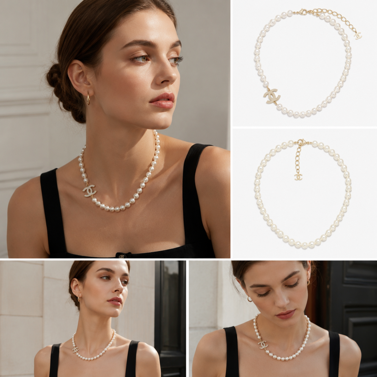 Gold‑Tone Pearl Choker Necklace, Interlocking Metal Ornament Accent Beaded Choker for Women