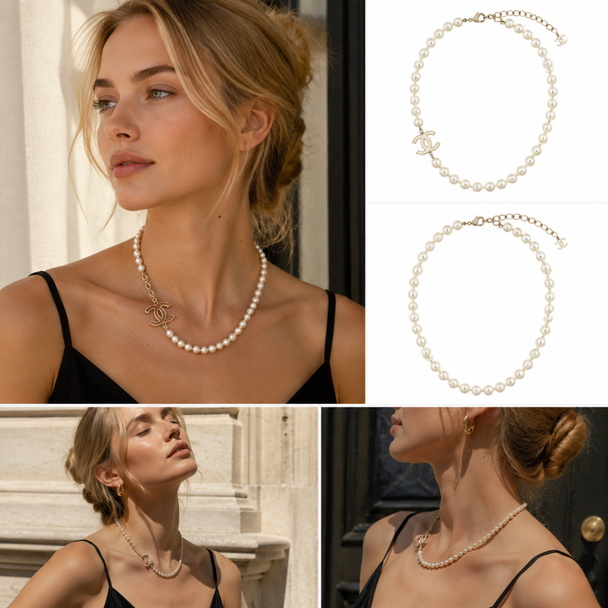 Gold‑Tone Pearl Choker Necklace, Interlocking Metal Ornament Accent Beaded Choker for Women