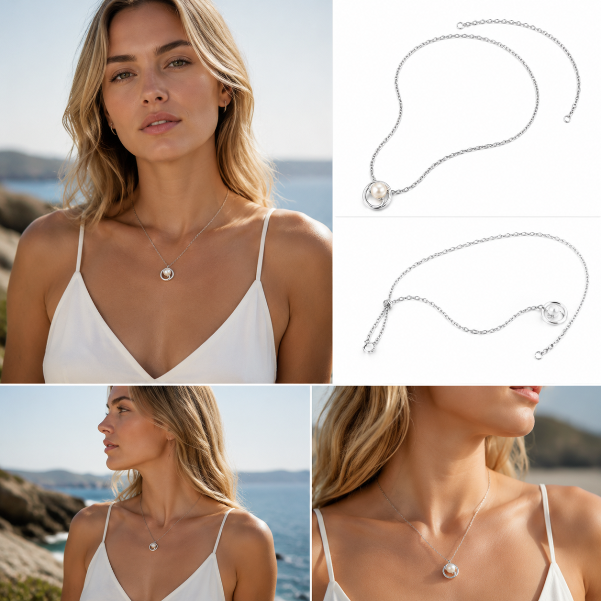 Silver‑Tone Open Circle Framed Pearl Pendant Necklace, Dainty Thin Cable Chain Minimalist Necklace for Women